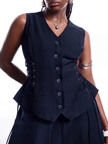 Solflare Plus Size Fashion Button Drawstring Tie Blazer Vest - Navy Blue - View 1