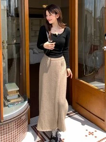 DAZY 女款不對稱純色休閒優雅裙 - 咖啡棕 - 查看 4