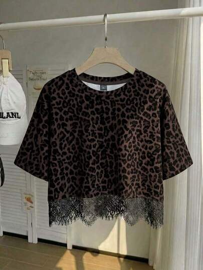 Comfortcana Leopard Print Casual Short Crew Neck Hem Contrast Lace Short Sleeve T-Shirt,