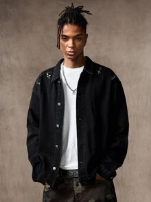 ROMWE MEN Street Life Personalized Fashionable Retro Metal Airplane Buckle Casual Versatile Men's Denim Jacket - Black - View 5