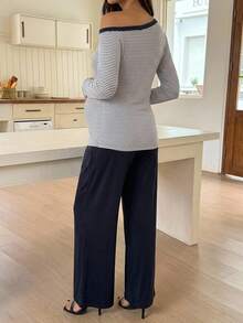 Dazy Maternity Striped Asymmetrical Shoulder Long Sleeve T-Shirt & Straight Leg Pants Casual Vacation Home Daily Spring Autumn Maternity 2 Pieces Set - Black - View 2