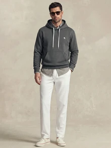 Lornavo Men's Cotton Solid Color Waist Tie Casual Versatile Long Pants Vacation All White Autumn - White - View 7