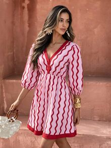 Flora Isola Flora Isola Casual Boho Vacation Pink Stripe Wavy Pattern Women's Short Dress Vacation Autumn - Red - View 1