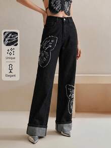 Anewsta Women's Personalized Fashionable Luxurious Embroidered Straight Leg Jeans - Black - View 6