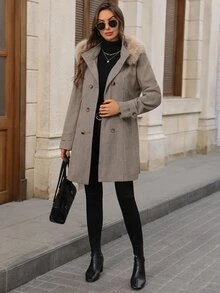 EMERY ROSE Women's Autumn/Winter Casual Elegant Plaid Vintage Collar Wool Blend Jacket Winter Jacket Brown Jacket - Coffee Brown - View 7