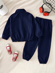 SHEIN 兒童男童2件套休閒長袖立領裝飾半拉鍊秋冬夾克與彈性腰長褲套裝，抓絨加厚 - 藏蓝色 - 查看 4