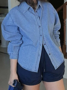 Dazy Plus Solid Color Loose Long Sleeve Denim Shirt Casual Vacation Spring Autumn Denim Top - Blue - View 3