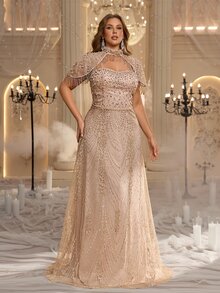 Glamrae Plus Size Elegant Luxurious Champagne Sequin Embroidered Shawl Tassel Computer Beaded Fitted A-Line Heavy Work Evening Gown Suitable For All Formal Occasions - Champagne - View 7