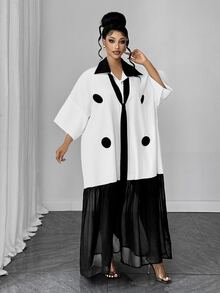 Maweii Gaun Longgar Motif Polkadot Warna Blok Ukuran Plus untuk Musim Gugur - Hitam dan Putih - View 5
