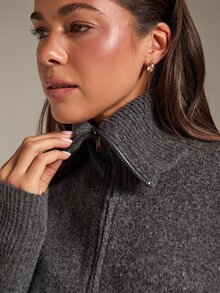 Athîral Soft Knit Contrast Stripe Wide Collar Long Sleeve Gray Loose Casual Preppy Zip-Up Cardigan For Women,Fall Winter,Back To School, Daily,Going Out - Grey - View 5