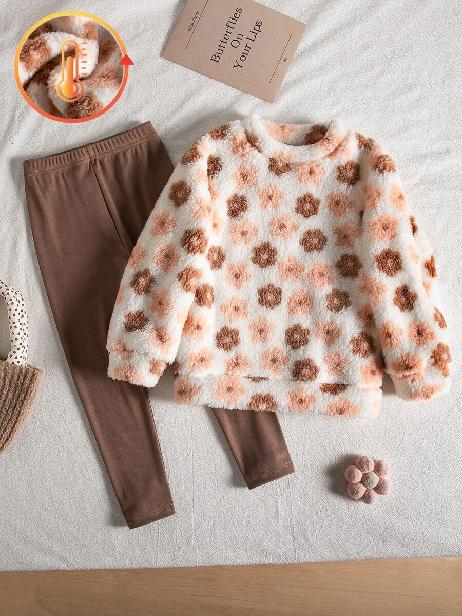 SHEIN Vintaside Kids Younggirl 兩件套，毛絨圓領長袖上衣搭配條紋內搭褲 - 棕色 - 查看 1