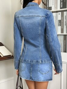 Rivivi Jaket Denim Kasual Serbaguna Wanita dengan Kancing Ganda untuk Penggunaan Sehari-hari - Biru - View 2