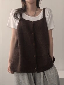 DAZY Women's Front Button Camisole Knit Top - Brown - View 8