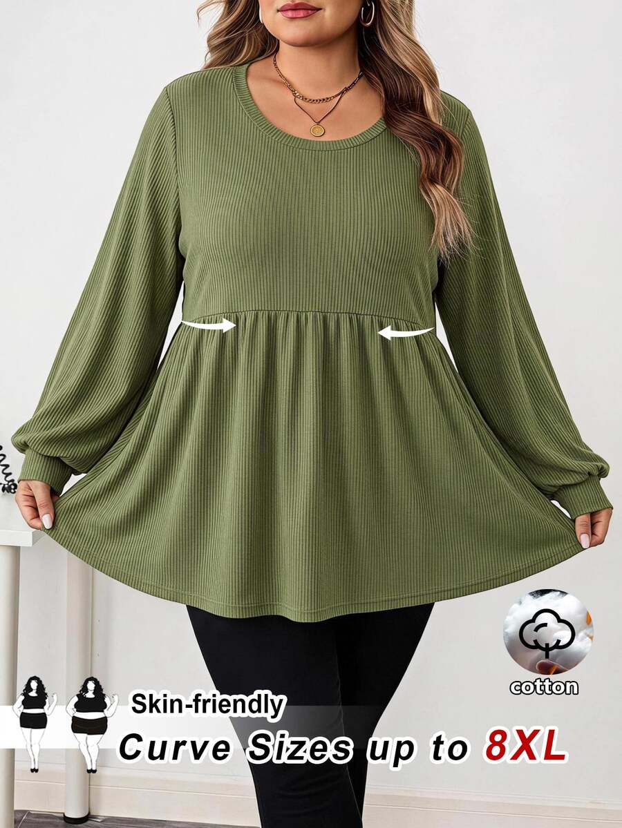 SHEIN CURVE+ Kaos Wanita Ukuran Besar Kasual dengan Detail Ribbed dan Rumbai di Bagian Bawah, Musim Gugur/Musim Dingin