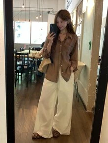 DAZY 女款條紋落肩長袖單排扣休閒襯衫 - 咖啡棕 - 查看 8