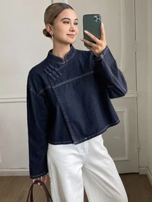 DAZY Women's Autumn Stand Collar Frog Button Long Sleeve Loose Solid Color Denim Fabric Dark Blue Contrast Stitching Chinese Style Denim Short Jacket - Blue - View 7