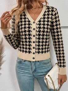 SHEIN Frenchy Cardigan Rajut Tipis Lengan Panjang Kancing Tunggal Motif Houndstooth untuk Wanita - MultiWarna - View 5