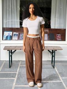SHEIN EZwear 女款休閒條紋拼接色塊高腰寬腿西裝長褲，秋冬款 - 卡其色 - 查看 3