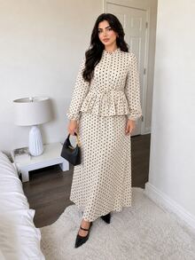Solavon Plus Size Women's Polka Dot Pattern Ruffle Hem Blouse And Skirt Elegant Two Pieces Set - Apricot - View 7