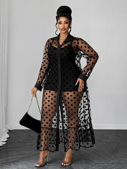 Maweii Długa prześwitująca kardigan z szyfonu w grochy, plus size