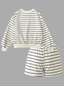 SHEIN Elladie kids 青少年女孩條紋寬鬆連帽衫與運動衫套裝，長袖短褲兩件組，黑白圓領寬鬆運動衫，校園秋季穿搭 - 黑與白 - 查看 2