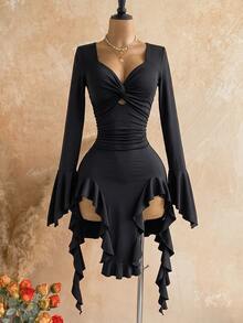 Soleia Women's Front Knot Ruched Ruffle Asymmetrical Hem Dress - Black - View 8