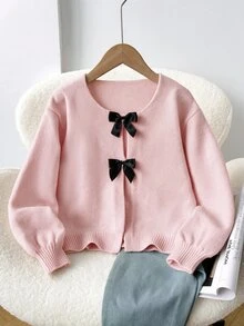 SHEIN Tween女孩寬鬆休閒簡約舒適圓領長袖綁帶蝴蝶結波點開襟衫 秋冬返校季 - 粉色 - 查看 1