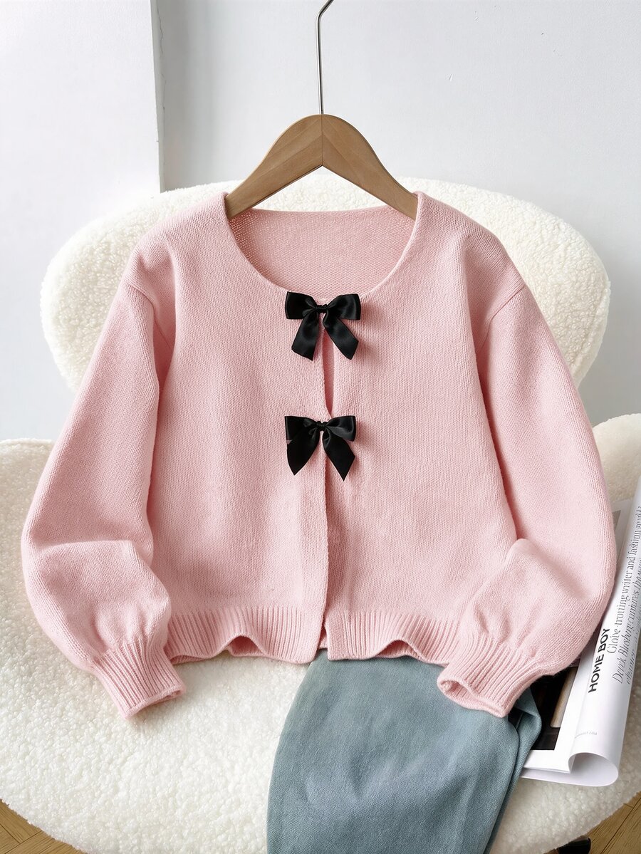 SHEIN Tween女孩寬鬆休閒簡約舒適圓領長袖綁帶蝴蝶結波點開襟衫 秋冬返校季 - 粉色 - 查看 1