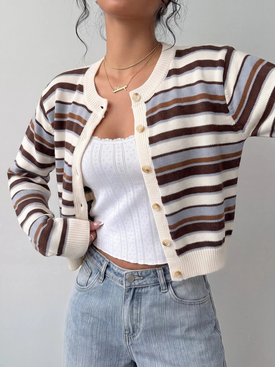 SHEIN BASICS 女款休閒針織開襟衫,條紋針織毛衣,女款秋冬服飾,女款返校穿搭 - 彩色 - 查看 1