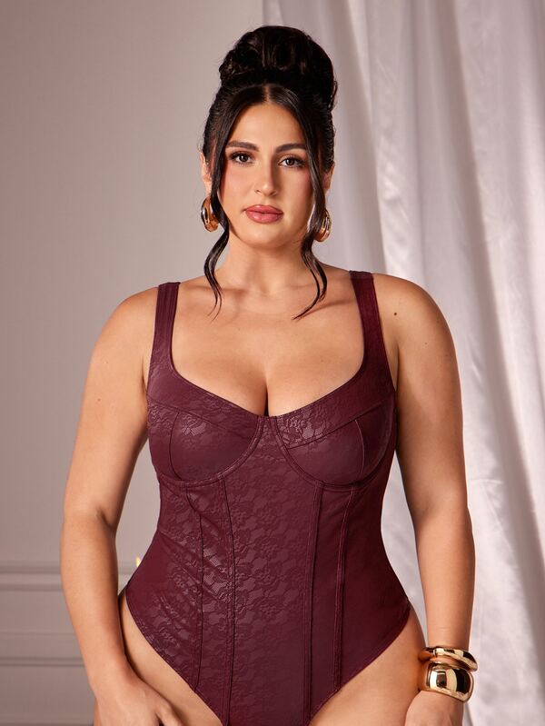 SHEIN BAE CURVE بدلة جسم ضيقة باللون البرغندي للنساء بمقاس كبير