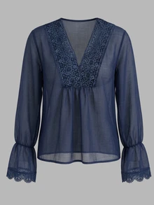 Women's French Elegant Lace Patchwork Top For Date And Vacation - Navy Blue - View 3