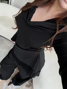 Vibekara Women's Solid Black Draped Cowl Neck Lace Patchwork Asymmetrical Hem Long Sleeve Top Paired With Solid Black Casual Style Pants, Daily Commute Two Pieces Set, Vacation Travel Wear, Holiday Elegant Style Two Pieces Set, Y2K Two Pieces Set - Black - View 4