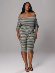 Rustia Plus Size Multi-Color Striped Asymmetric Neck 3/4 Sleeve Fitted Knit Jumpsuit - Multicolor - View 6