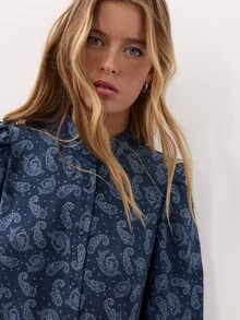 Nöista Paisley Print Blouse With Mao Collar And Ruffle Details. Fall Winter, Elegant, Weekend, Everyday. - Blue - View 8