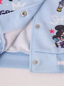 SHEIN Elladie kids 女童春秋粉色與白色拼接棒球夾克，卡通女孩星星與字母印花，羅紋立領，單排扣，短版，長袖，學院風，適合上學、外出、休閒穿著 - 彩色 - 查看 5