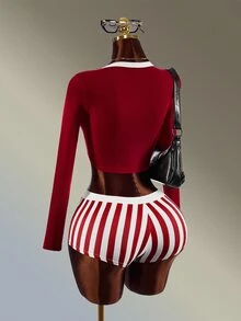 Amplova Women's Red & White Long T-Shirt & Fitted Shorts Sports Set - Red and White - View 10