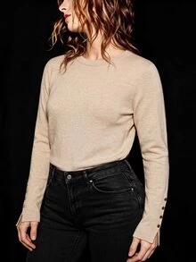 SHEIN LUNE CURVE Plus Size Fashion Button Long Sleeve Crew Neck Pullover Sweater Winter - Apricot - View 5
