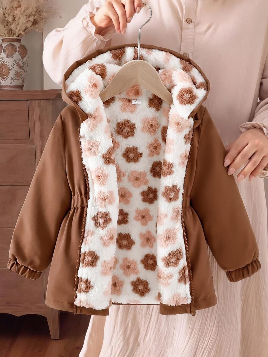 SHEIN 1件女童冬季新款花卉保暖內裡拉鍊外套，附彈性腰部與連帽，加厚保暖時尚戶外通勤百搭夾克 - 棕色 - 查看 1