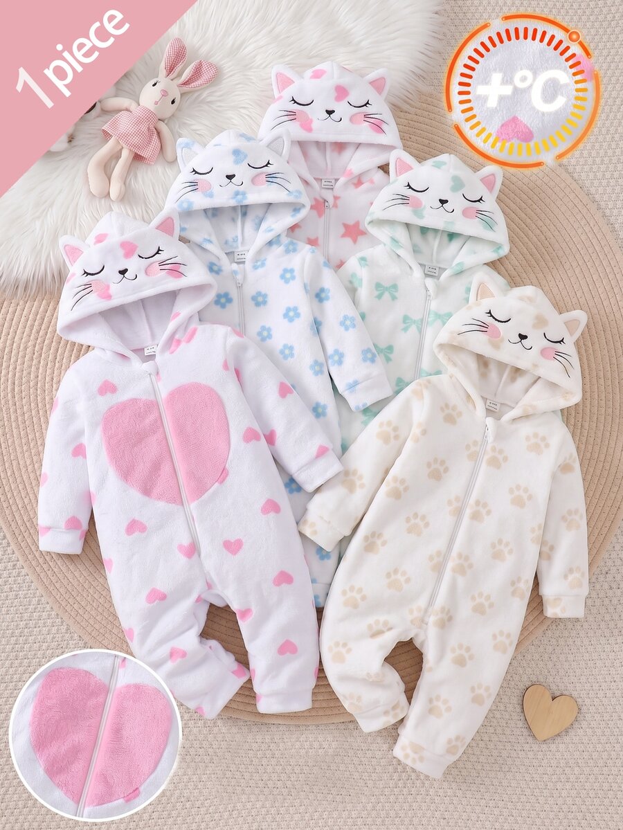 Infant Girls Comfortable Soft Plush Heart Pattern Cat Face With Movable Ears Hooded Zipper Romper - Pink - View 1