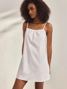 Ocili White Pure Cotton Short Slip Dress, Simple Comfortable Spaghetti Strap Women's Loungewear Dress - White - View 5