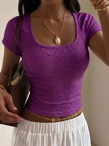 DAZY Women's Solid Color Textured Square Neck Short Sleeve Slim Fit T-Shirt - Violet Purple - View 2