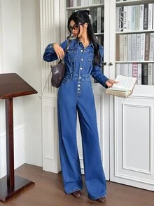Rivivi Women's Long Sleeve Single-Breasted Pocket Design Casual Denim Jumpsuit - Blue - View 7