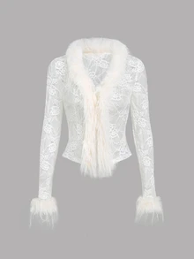 Sweetra Women's Patchwork Fur Lace Long Sleeve Sexy Romantic Goth Elegant Jacket Night Out White Autumn Wedding - White - View 1