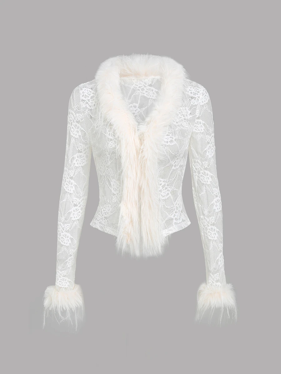 Sweetra Women's Patchwork Fur Lace Long Sleeve Sexy Romantic Goth Elegant Jacket Night Out White Autumn Wedding - White - View 1