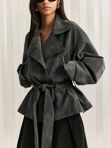 LYSMO Jaket Kasual Wanita Lengan Panjang dengan Bahu Longgar dan Kancing Tunggal serta Tali Ikat Pinggang - Dark Grey - View 7