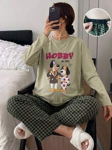 DAZY Pattern Letter Print Loose Long Sleeve T-Shirt & Plaid Long Pants Casual Home Daily Spring Autumn 2pcs Set For Pregnant Women - Green - View 1