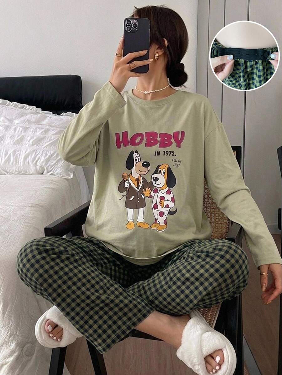 DAZY Pattern Letter Print Loose Long Sleeve T-Shirt & Plaid Long Pants Casual Home Daily Spring Autumn 2pcs Set For Pregnant Women - Green - View 1