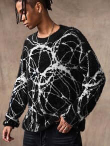 ROMWE MEN Men's Round Neck Dark Geometric Art Knit Sweater Street Style - Black - View 1