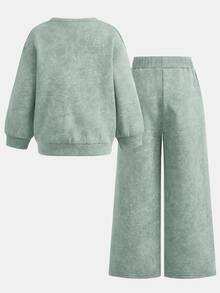 女童加厚秋冬新款運動衫套裝，休閒百搭街頭風，開學季與萬聖節適用 - 綠色 - 查看 2