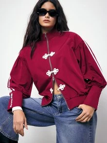 Maija Plus Size Fashion Street Streetwear Dark Red Colorblock Button-Up Jacket Everyday Going Out Autumn - Red - View 1